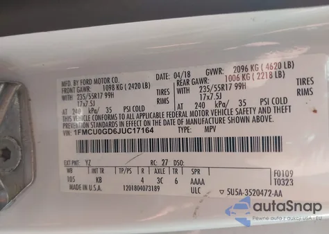 2018 Ford Escape Se z USA, uszkodzony, nr VIN 1FMCU0GD6JUC17164